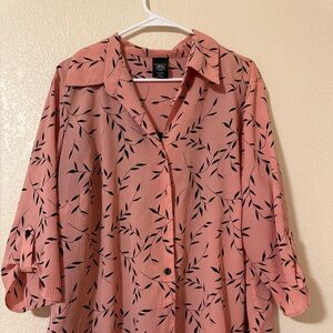 George Womens 3X Pink Leaf Print Button Down Blouse Collared Shirt Casual Office